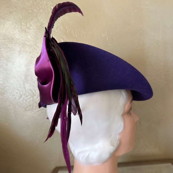 SMASHING 70s\' BLUISH PURPLE HAT WITH LONG FEATHERS + LAVENDER FABRIC BOW AT BACK main image 10